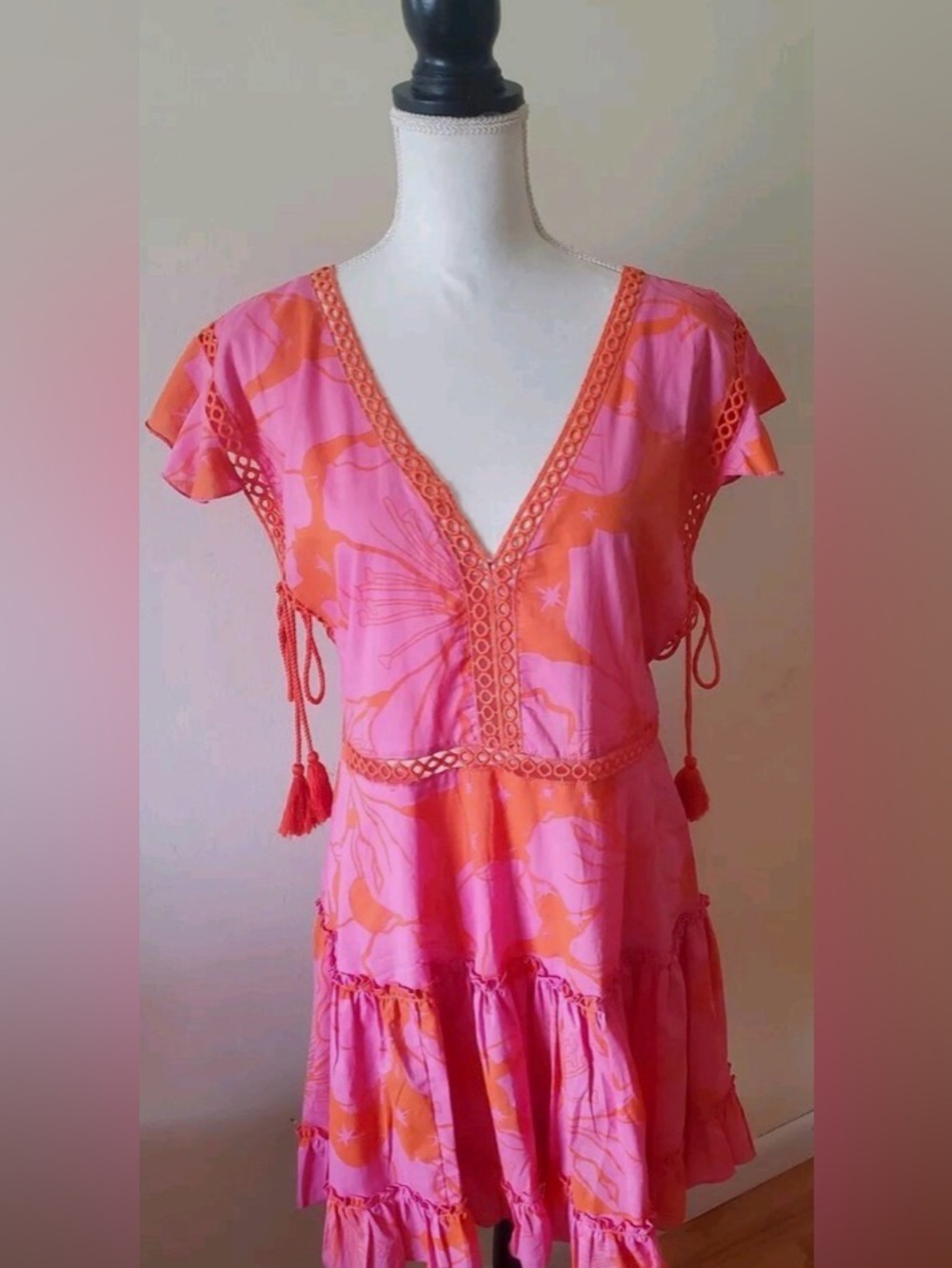 Z&L Europe Pink and Orange Floral Dress Cover Eyelet Lace Trim fFlutter Sleeve